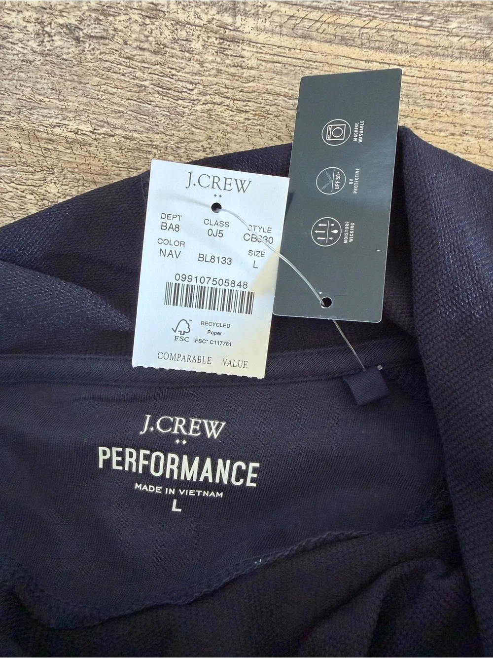 J CREW men’s Size Large Navy Performance Hoodie UPF 50+ Moisture Wicking
